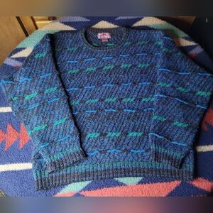 Vintage Concrete Mix Sweater Mens Large Acrylic 3D Knit Textured Blue Green